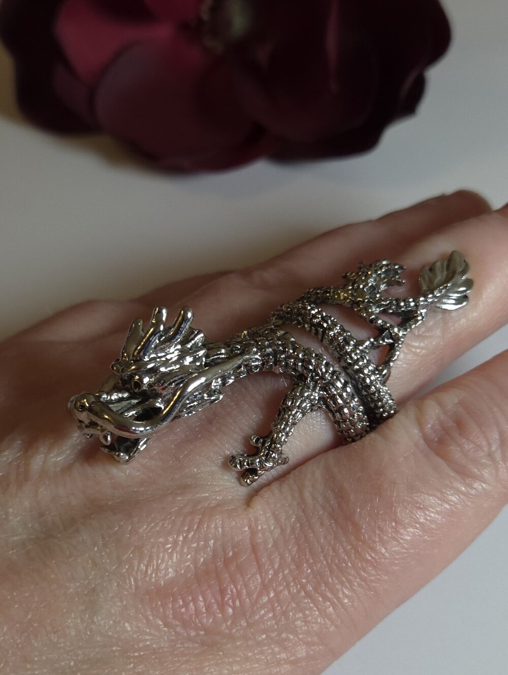 Silver Plated Dragon Tail Wrap Around Ring Size 8 Statement Ring Unisex
